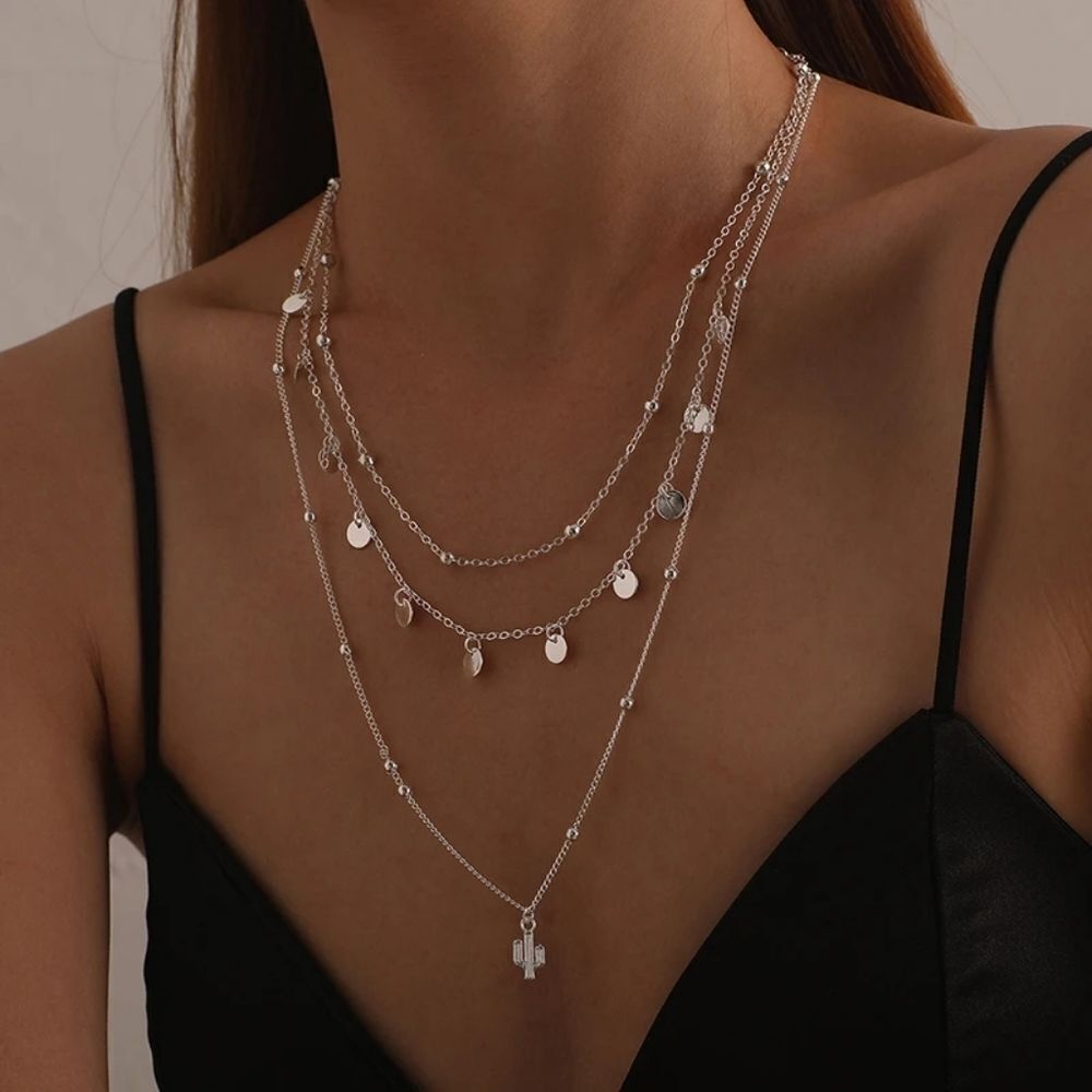Silver Layered Cactus Necklace